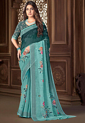 Digital Printed Linen Silk Saree in Teal Blue Ombre