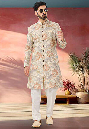 Digital Printed  Linen SIlk Sherwani in Cream