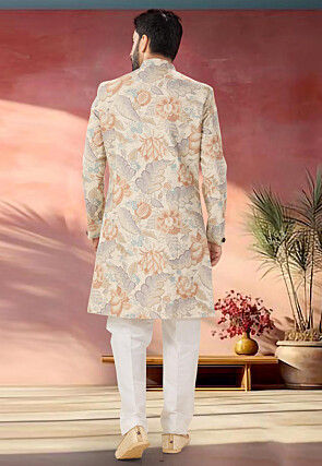 Digital Printed  Linen SIlk Sherwani in Cream