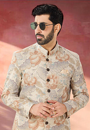Digital Printed  Linen SIlk Sherwani in Cream