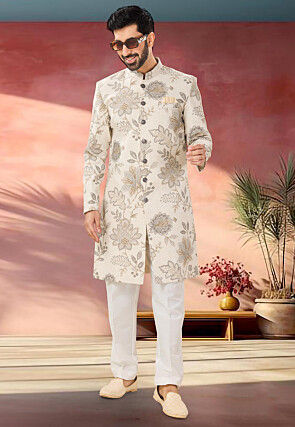 Digital Printed  Linen SIlk Sherwani in Cream
