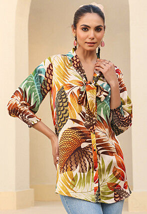 Digital Printed Linen Silk Top in Multicolor