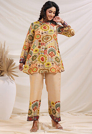 Digital Printed Linen Silk Top Set in Light Beige