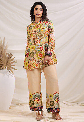 Digital Printed Linen Silk Top Set in Light Beige
