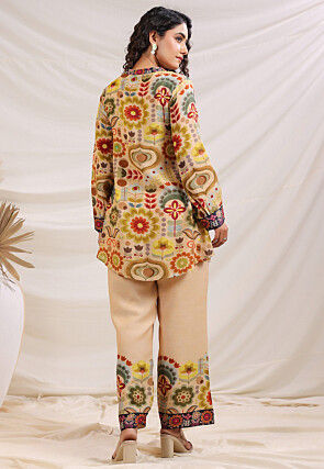 Digital Printed Linen Silk Top Set in Light Beige