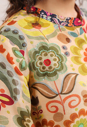 Digital Printed Linen Silk Top Set in Light Beige