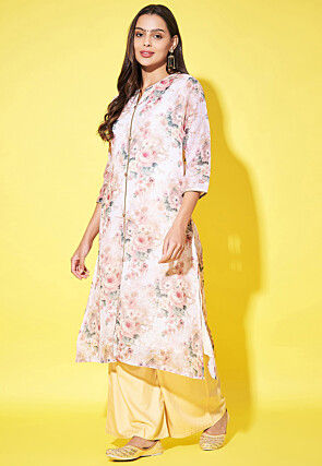 Digital Printed Linen Straight Kurta in Beige