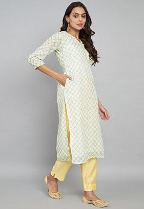 Digital Printed Linen Straight Kurta in Light Green
