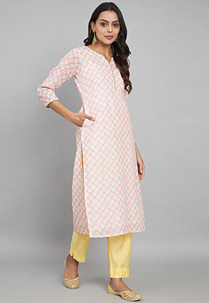 Digital Printed Linen Straight Kurta in Peach