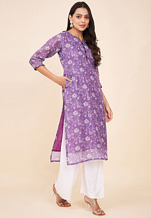 Digital Printed Linen Straight Kurta in Purple
