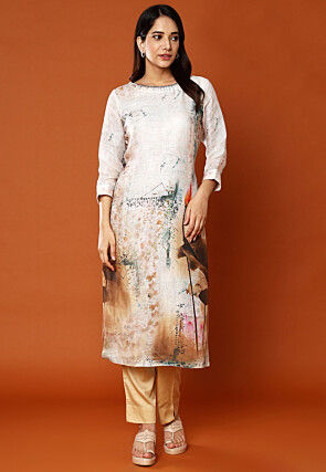 Digital Printed Linen Straight Kurta Set in Multicolor