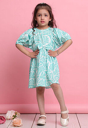 Digital Printed Lycra Dress in White and Sea Green