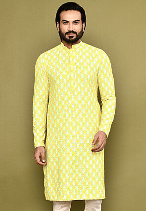 Digital Printed Lycra (Elastane) Kurta in Yellow