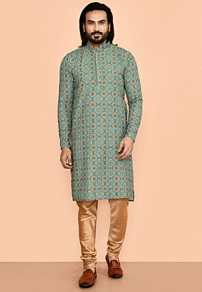 Digital Printed Lycra (Elastane) Kurta Set in Dusty Green