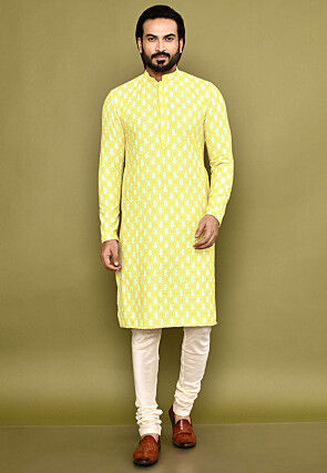 Digital Printed Lycra (Elastane) Kurta Set in Yellow