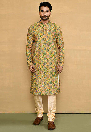 Digital Printed Lycra Kurta Set in Mustard