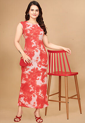 Digital Printed Lycra(Elastane) Maxi Dress in Orange