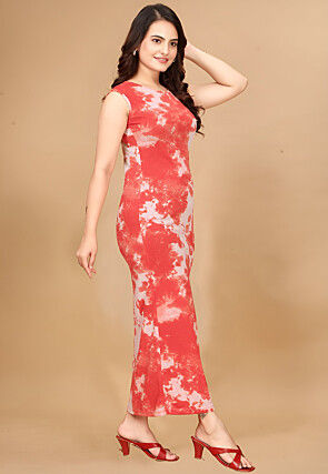 Digital Printed Lycra(Elastane) Maxi Dress in Orange
