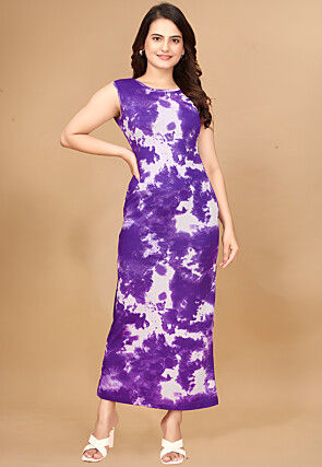 Digital Printed Lycra(Elastane) Maxi Dress in Purple