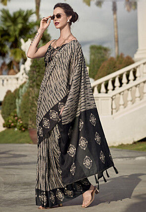 Digital Printed Mal Mal Cotton Saree in Beige