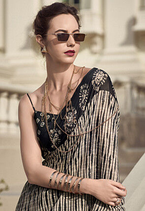 Digital Printed Mal Mal Cotton Saree in Beige