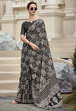 Digital Printed Malmal Cotton Saree in Black