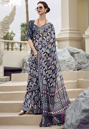 Digital Printed Mal Mal Cotton Saree in Dark Blue