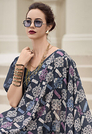 Digital Printed Mal Mal Cotton Saree in Dark Blue