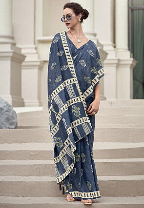 Digital Printed Malmal Cotton Saree in Dusty Blue