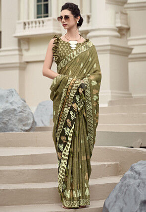 Digital Printed Mal Mal Cotton Saree in Olive Green