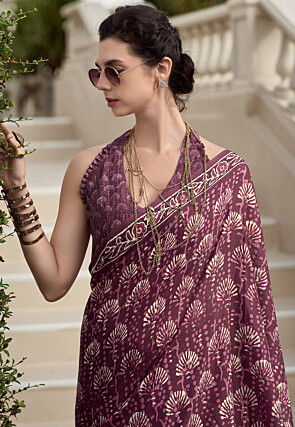 Digital Printed Malmal Cotton Saree in Purple