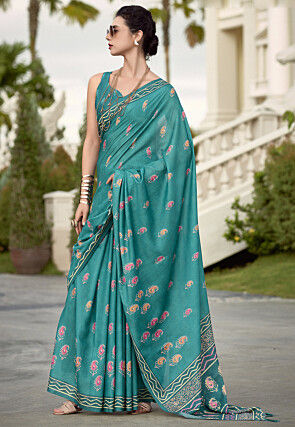Digital Printed Malmal Cotton Saree in Teal Green