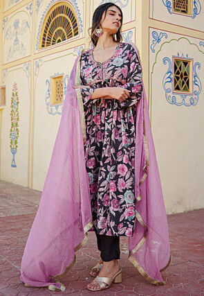 Digital Printed Modal Muslin Pakistani Suit in Black