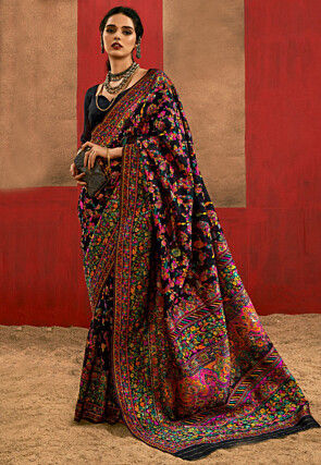 Digital Printed Art Pashmina Silk Saree in Black
