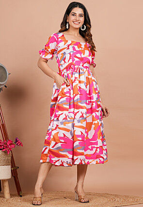 Digital Printed Modal Satin Aline Dress in Multicolor
