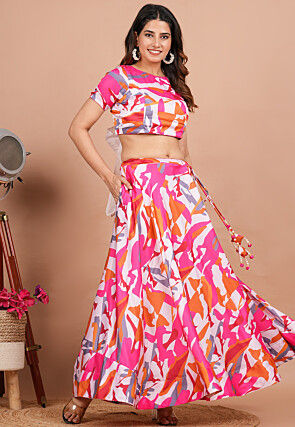 Digital Printed Modal Satin Back Tie Up Top Set in Multicolor