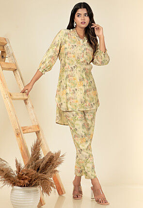 Digital Printed Modal Satin Co Ord Set in Light Green and Multicolor