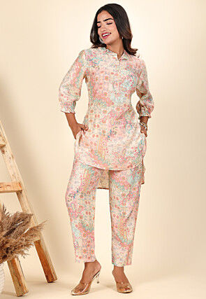 Digital Printed Modal Satin Co Ord Set in Off White