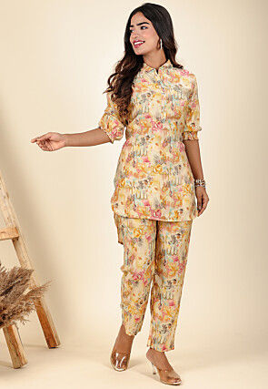 Digital Printed Modal Satin Co Ord Set in Yellow and Multicolor