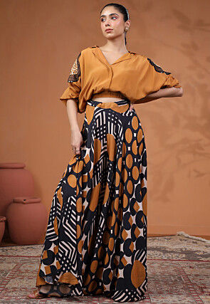 Digital Printed Modal Satin Crop Top Set in Mustard