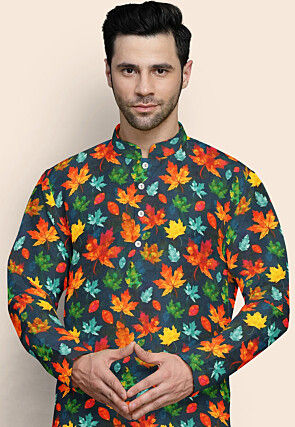 Digital Printed Modal Satin Kurta Set in Navy Blue