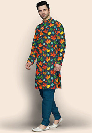 Digital Printed Modal Satin Kurta Set in Navy Blue