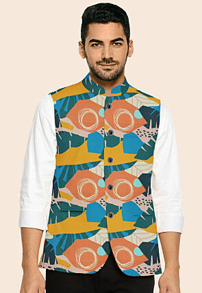 Digital Printed Modal Satin Nehru Jacket in Multicolor
