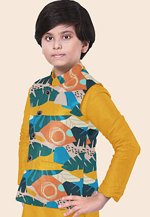 Digital Printed Modal Satin Nehru Jacket in Multicolor