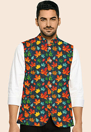 Digital Printed Modal Satin Nehru Jacket in Navy Blue