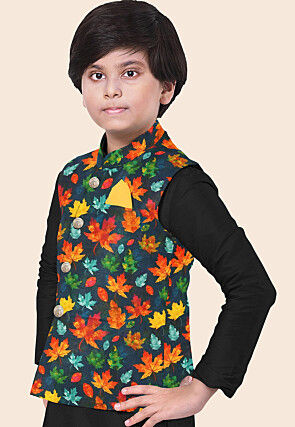 Digital Printed Modal Satin Nehru Jacket in Navy Blue