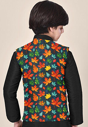 Digital Printed Modal Satin Nehru Jacket in Navy Blue