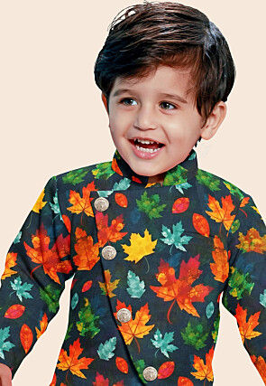 Digital Printed Modal Satin Sherwani in Navy Blue