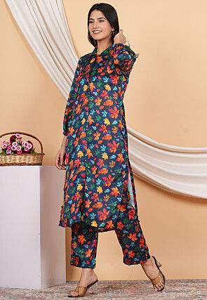 Digital Printed Modal Satin Straight Kurta Set in Navy Blue