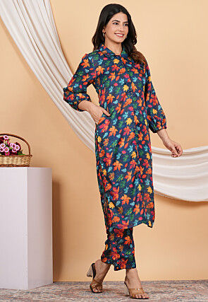 Digital Printed Modal Satin Straight Kurta Set in Navy Blue